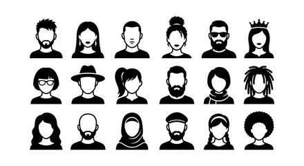 Diverse Human Avatar Icons Set, Minimalist Profile Silhouettes, User Personas Collection, Modern Digital Representation, Black and White Vector Graphics © Ridwan