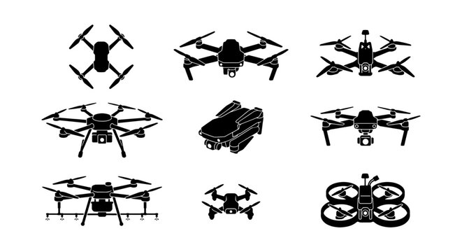 Drone Icons Collection: Aerial Photography, Surveillance, and Delivery Drones, Modern Unmanned Aerial Vehicle Vector Set