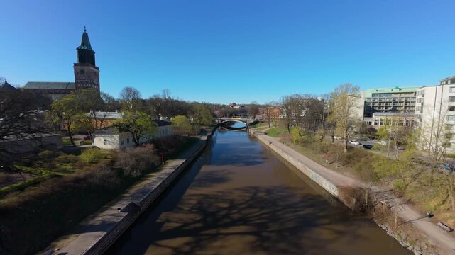 Aerial 4K: Spring Morning Flight Over Aura River (Aurajoki) in Turku City Center, Finland