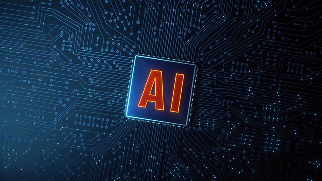 Circuit board, AI processor (artificial intelligence), motherboard, machine learning, big data. Futuristic, integrated circuit and digital process, data exchange, bit, binary, computer, technology.