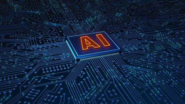 Circuit board, AI processor (artificial intelligence), motherboard, machine learning, big data. Futuristic, integrated circuit and digital process, data exchange, bit, binary, computer, technology.