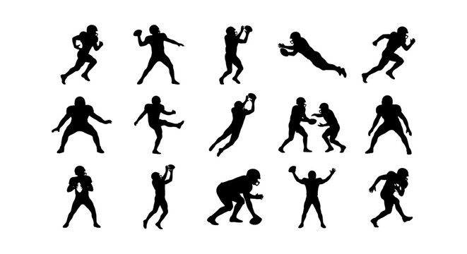 American Football Player Silhouettes, Action Poses Vector Set: Kicking, Throwing, Catching, Tackling, Running, Sports Graphics for Commercial Use