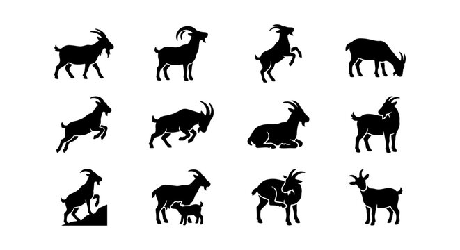 Goat Silhouettes Collection, Farm Animal Icons, Livestock Vector Set, Rural Mammal Graphics, Agricultural Wildlife Illustrations
