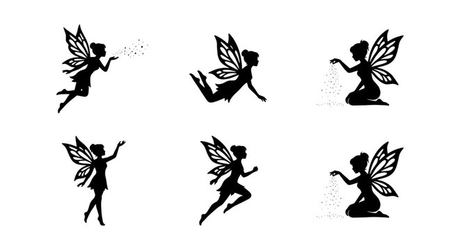 Whimsical Fairy Silhouettes, Magical Flying Sprites Collection, Enchanted Winged Beings Vector Set, Fantasy Creature Graphics for Children's Designs