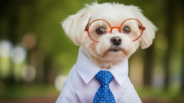Adorable Maltese dog dressed as a businessman wearing glasses and tie.