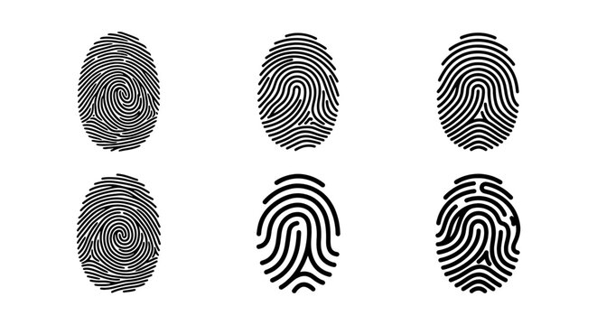 Set of Six Unique Fingerprint Icons, Black and White Identity Marks, Digital Security and Biometric Data Symbols, Vector Graphic Elements