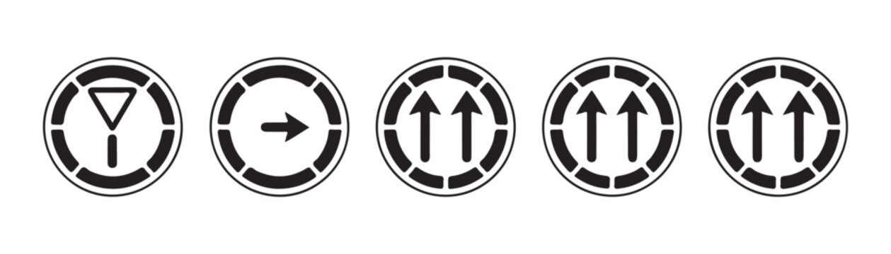 Road lane markers and directional arrow icons within circular frames for highway planning and transportation.