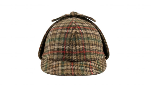 A classic brown, green, and red plaid wool deerstalker hat with earflaps, isolated against a solid black background, front view of a