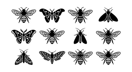 Elegant Black and White Insect Icons: Bees, Moths, and Butterflies Vector Set for Nature Designs, Entomology Graphics, and Artistic Projects © Tanvir