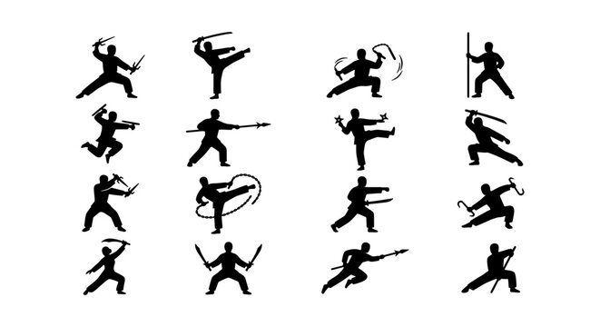 Martial Arts Silhouettes: Dynamic Ninja Warrior Poses, Action Stances, Combat Techniques, Samurai Sword Fighting, Vector Set
