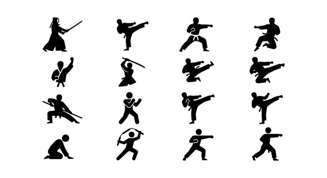Martial Arts Silhouettes: Dynamic Karate, Kung Fu, and Samurai Poses, 20 Vector Icons for Combat Sports and Self-Defense Graphics