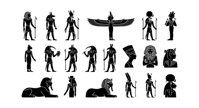 Ancient Egyptian Gods and Symbols Vector Icons, Hieroglyphic Figures, Pharaohs, Sphinx, Mythology Collection
