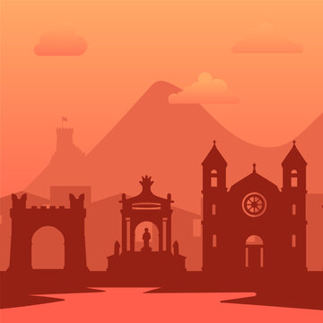 Silhouetted Landmarks Standing Beautifully Against a Colorful Evening Sunset Sky Canvas