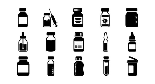 Medical Vials and Syringe Icons, Pharmaceutical Bottles and Ampoules Set, Healthcare and Science Vector Graphics