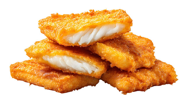 Stacked fried fish fillets with crispy golden coating and flaky white interior, isolated on white background.