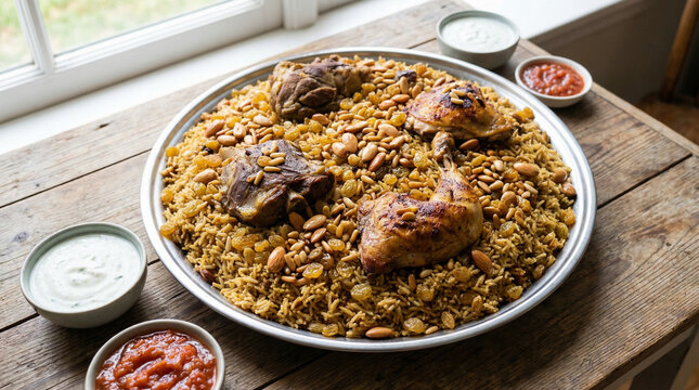 kabsa rice with roasted chicken and spices in large bowl