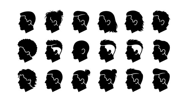 Diverse Male Hairstyles Silhouette Collection, Modern & Classic Cuts, Vector Icons for Grooming & Style Concepts