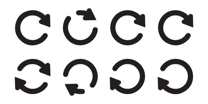 Collection of simple circular arrows indicating refresh reload undo redo and continuous cycle operations.