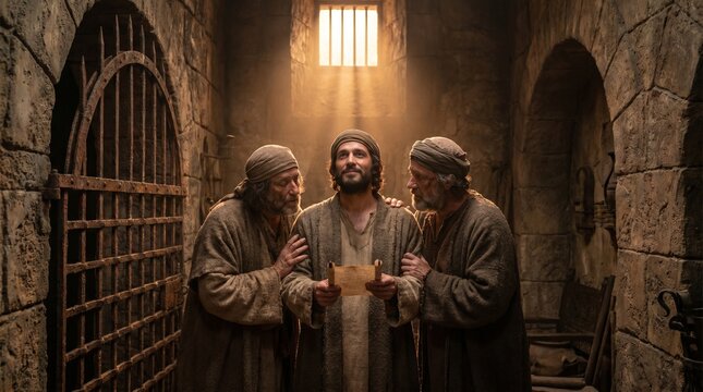 Biblical scene of three men in an ancient stone dungeon holding a sacred scroll with dramatic light rays in Jerusalem.
