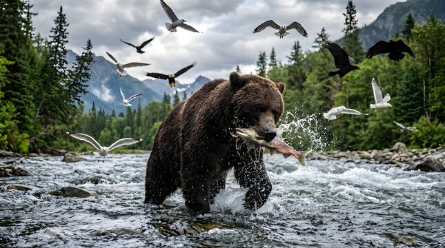 Grizzly Bear Catching Salmon in Mountain River Wilderness