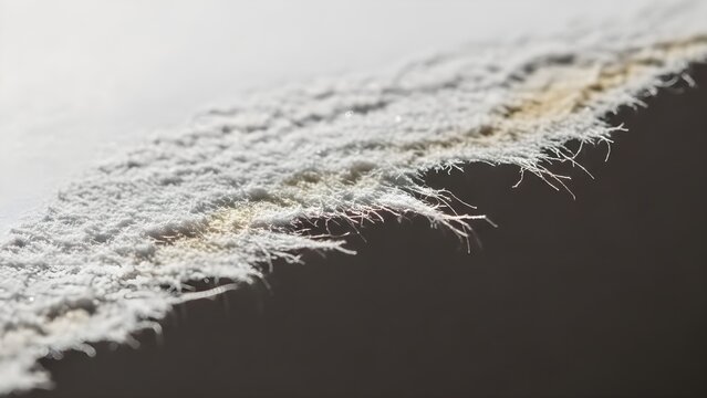 Close-up view of a frayed and worn-out fabric edge with loose threads