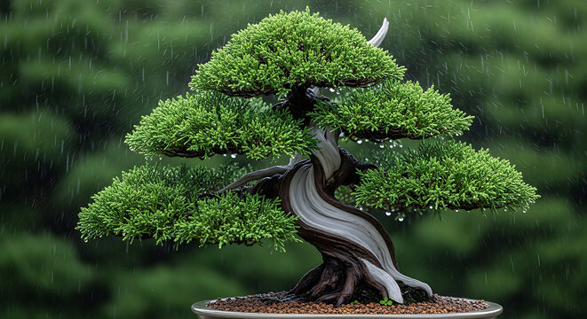 Majestic Juniper Bonsai Tree with Twisted Trunk and Lush Green Foliage in the Rain Reflecting Zen Serenity Nature Resilience and Traditional Japanese Horticultural