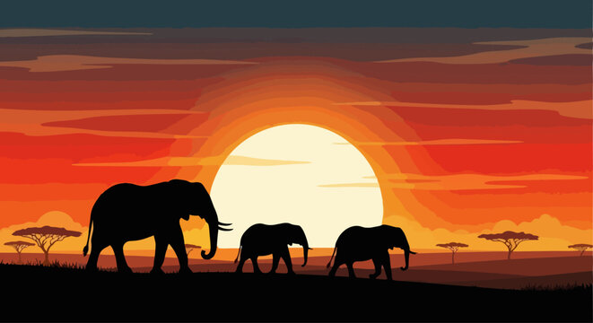 Silhouettes of an elephant family walking in savanna during sunset