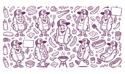 Fototapeta premium Vector doodle set of hotdog mascots with street food elements. Hand-drawn black line art collection of fast food characters and icons isolated on a light background.