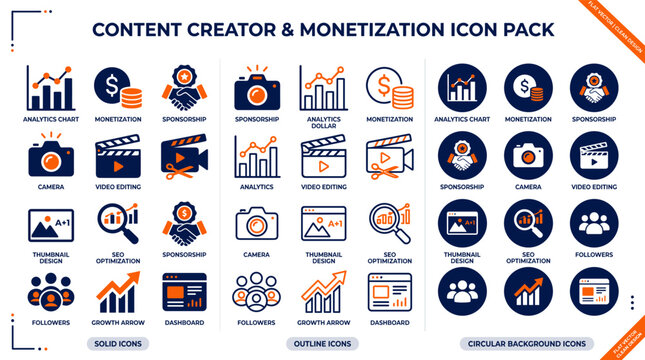 Content Creator Tools and Monetization Icons Flat Vector Pack