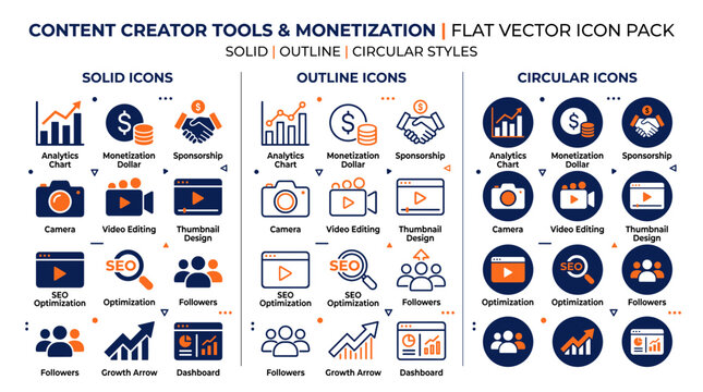 Content Creator Tools and Monetization Icons Flat Vector Pack