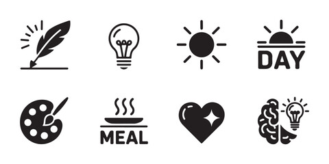 Set of icons representing creativity ideas day meal heart and mind on transparent background. © Moni