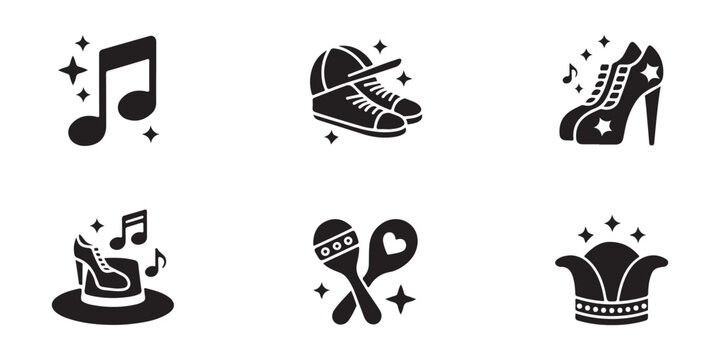 Set of black icons depicting musical symbols sneakers high heels top hat maracas and royal crown for various designs.