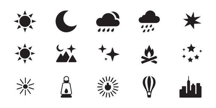 Weather icon set featuring sun moon clouds rain fire hot air balloon mountain skyline on transparent background.