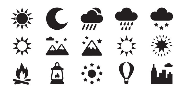 Weather icon set featuring sun moon clouds rain fire hot air balloon mountain landscape design on transparent.