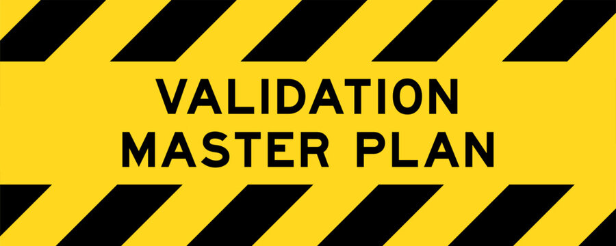 Yellow and black color with line striped label banner with word validation masterplan