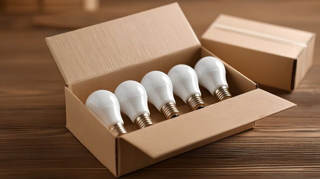 Box of LED light bulbs on wooden table.