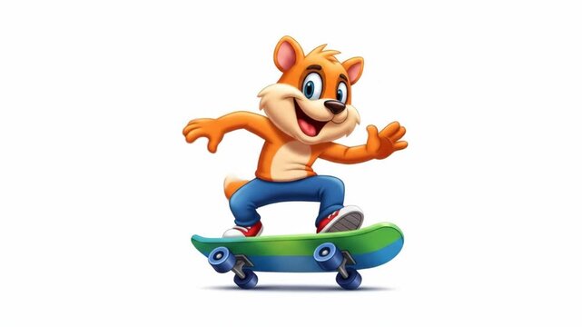 Cute Cartoon Squirrel Character Riding a Skateboard with a Big Smile.