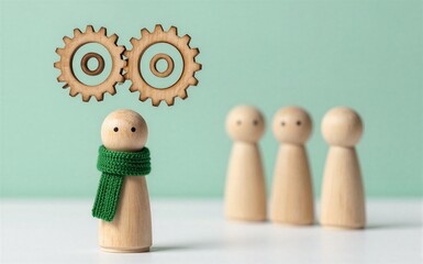 Obraz premium Wooden figure with scarf leads team gears above symbolize strategy