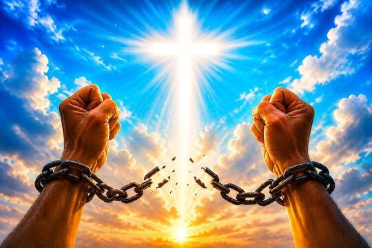 Spiritual freedom concept with broken chains and raised hands under glowing cross in radiant sky symbolizing faith hope liberation and divine power