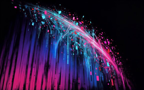 Vibrant digital rainbows cascade down glowing pixels explode in neon
