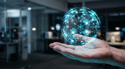 Fototapeta premium 손 위의 정교한 헥사곤 데이터 클러스터 홀로그램 (Intricate Hexagonal Data Cluster Hologram Over Hand)