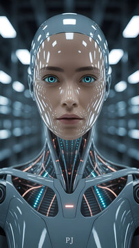 Futuristic Humanoid Female Robot with Realistic Face and Glowing Blue Eyes, Featuring Intricate Metallic Body Details and Reflective Surfaces in a High-Tech Laboratory Setting - 3D Digital Rendering.