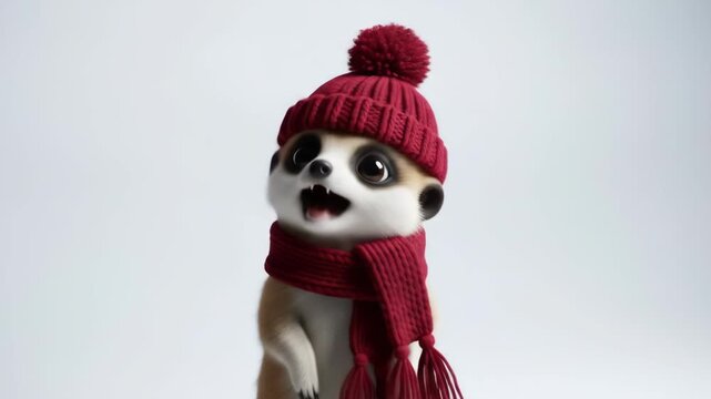 Cute Meerkat Wearing a Red Winter Hat and Scarf Standing on an Orange Object.