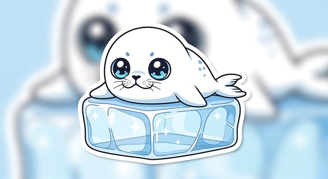 Cute Baby Seal Sitting on Ice Cube Kawaii Cartoon Sticker Illustration with Big Eyes