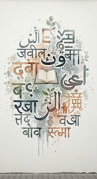 Artistic composition of Arabic and Devanagari calligraphy with an open book and floral elements.