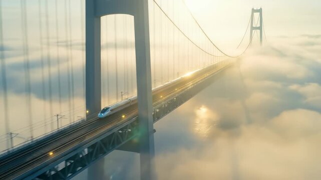 High-Speed Train Crossing Suspension Bridge Above Clouds at Sunrise