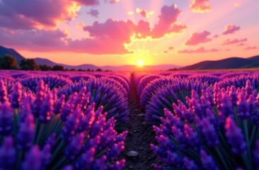 Fototapeta premium Vibrant lavender fields in full bloom under a colorful sunset sky with mountains in the background, creating a picturesque landscape in nature