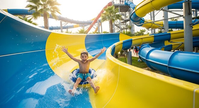 Happy boy enjoying water slide at the water park.