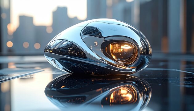 Futuristic, egg-shaped metallic object with warm interior glow, reflecting city