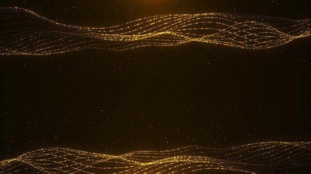 Golden particle wave border background flowing dotted lines, dark center space, luxury glitter, elegant shimmer. award videos, wedding titles, gala screens, festive intros, and premium overlays.